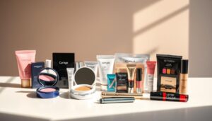 A beautifully lit display of various affordable Korean beauty products from Amazon, showcasing an array of makeup essentials such as cushion compacts, lip tints, and sheet masks. The foreground features the products arranged neatly on a sleek, minimalist surface, capturing their vibrant colors and high-quality packaging. The middle ground introduces a soft, diffused background, creating a sense of depth and highlighting the products. Warm, natural lighting illuminates the scene, casting gentle shadows and accentuating the products' textures and finishes. The overall atmosphere conveys a sense of sophistication, accessibility, and the allure of K-beauty must-haves available on the popular e-commerce platform.