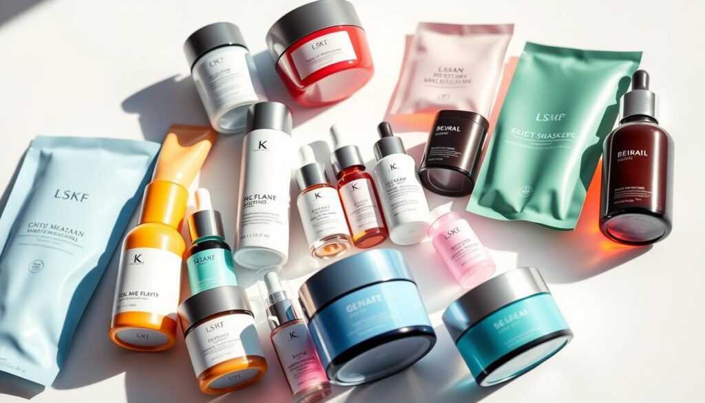 A vibrant assortment of high-end Korean skincare products artfully arranged on a clean, minimalist white background. The products, including sheet masks, serums, and moisturizers, are displayed with crisp, natural lighting that accentuates their luxurious packaging and textures. The overall mood is one of refinement, sophistication, and the promise of radiant, healthy skin. The camera angle provides a close-up, angled view that draws the viewer's attention to the meticulously curated selection of must-have Korean skincare essentials.