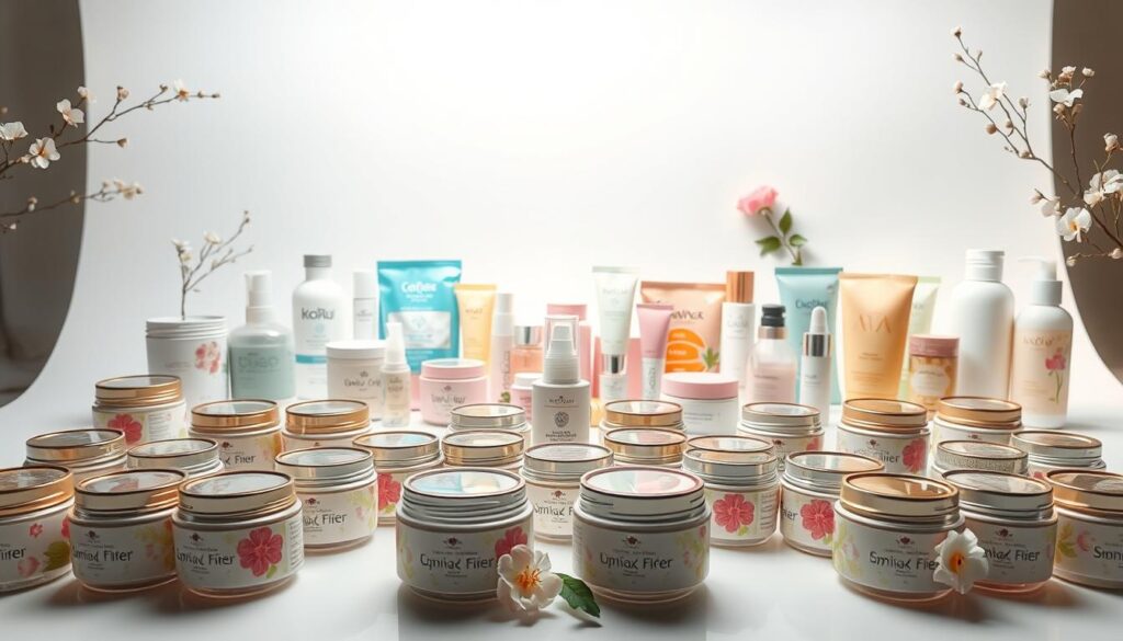 A well-lit, high-quality studio shot showcasing an array of spring-themed K-beauty products on a minimalist white background. In the foreground, rows of neatly arranged cosmetic jars, tubes, and bottles featuring pastel colors, floral patterns, and fresh, dewy textures. The middle ground highlights various makeup items, sheet masks, and skin care essentials, all presented in a visually appealing, editorial-style layout. The background subtly fades into a soft, natural lighting setup, creating a clean, sophisticated ambiance. The overall composition conveys a sense of seasonal rejuvenation, highlighting the vibrant, high-quality nature of the featured K-beauty products.